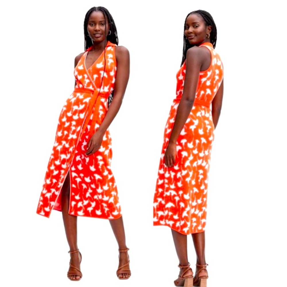 Diane Von Furstenberg Orange and White Printed Wrap Midi Dress